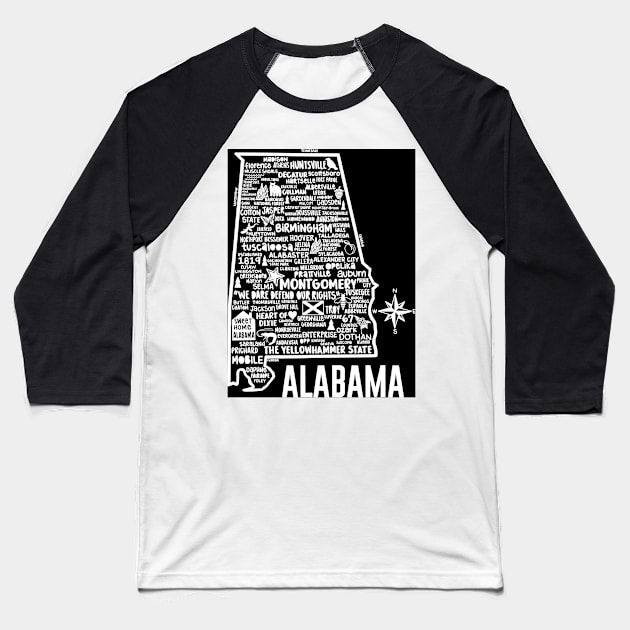 Alabama Map Baseball T-Shirt by fiberandgloss